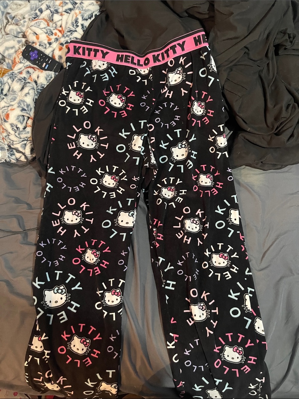 Hello Kitty Black Logo & Character Pajama Bottoms with Pink Waistband